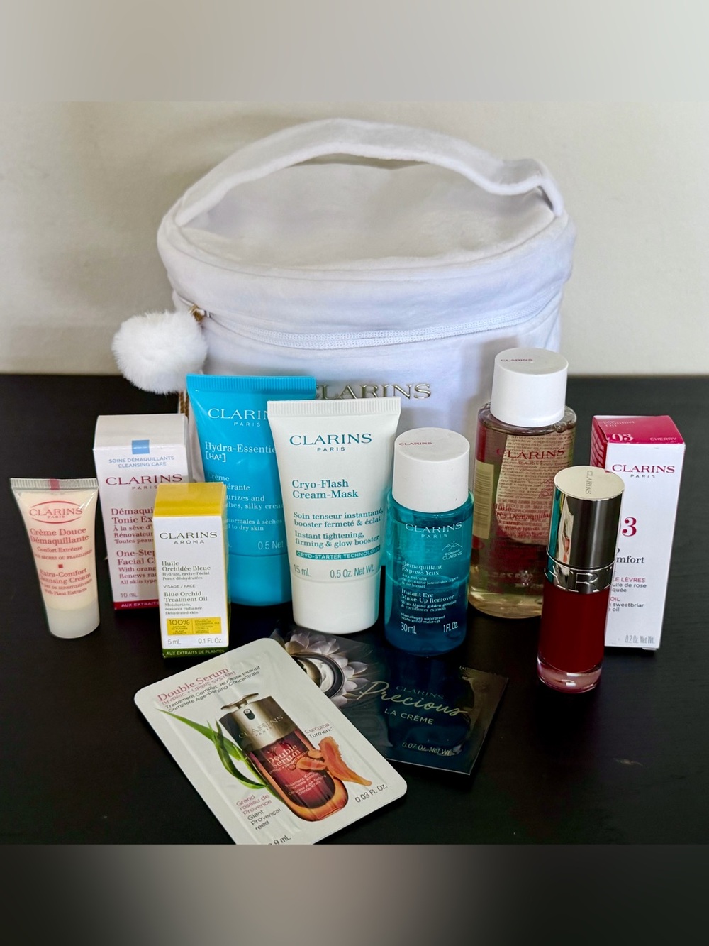 Clarins Skincare Collection & Lip stain with White Pouch